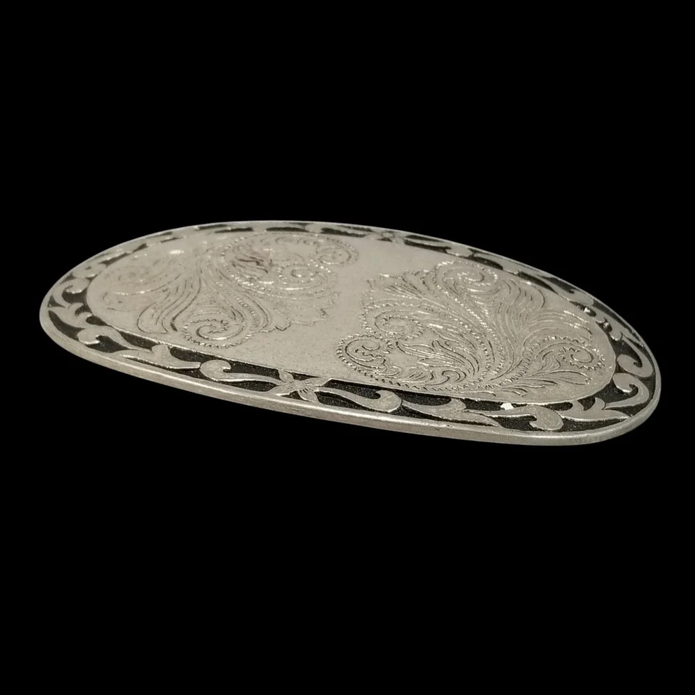 Western Silver Tone Oval Belt Buckle‎ Engraved Paisley Floral Scroll Filigree